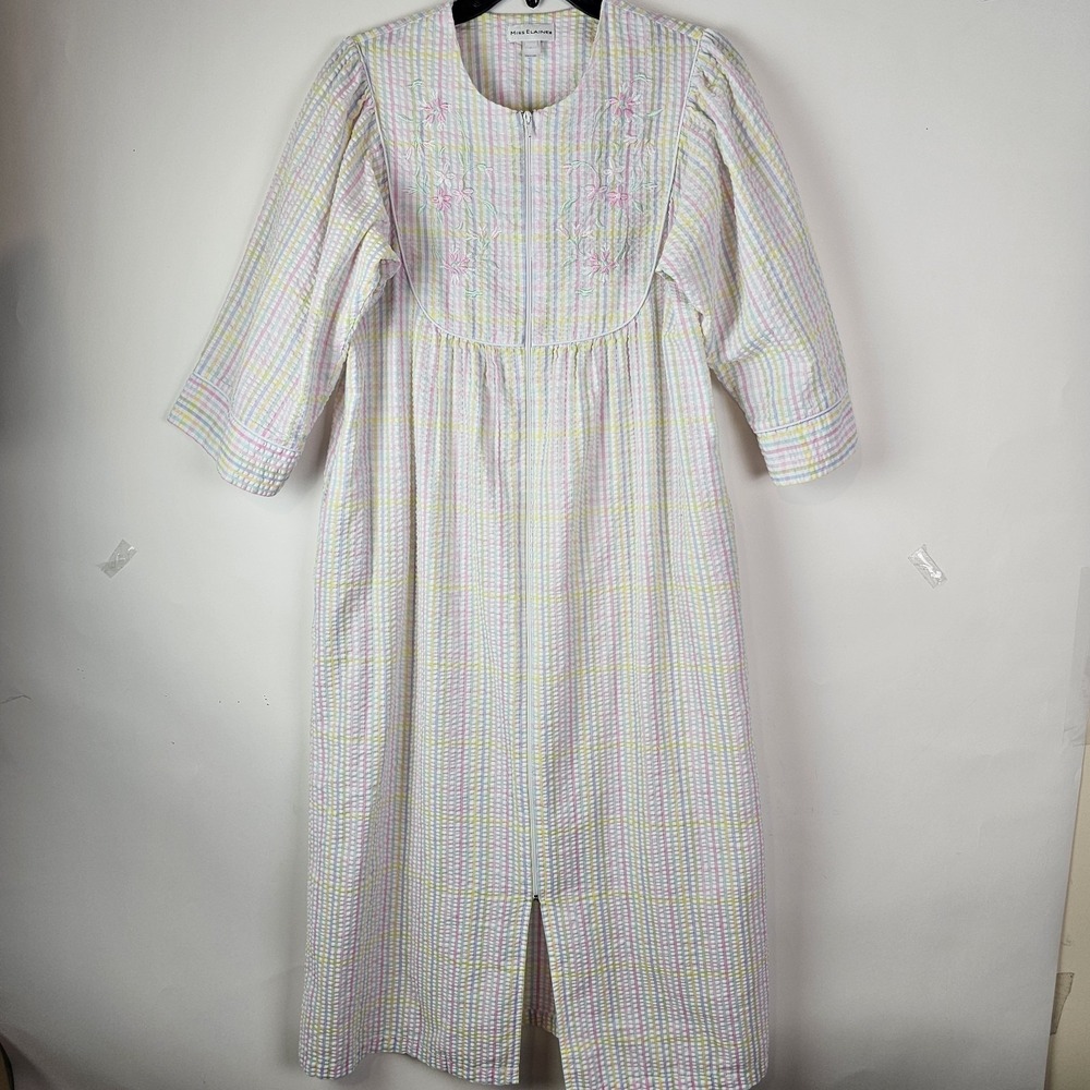 Miss Elaine Cottagecore Striped Long Zip Nightgown Seersucker Robe Housecoat S
